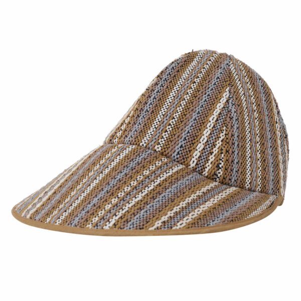 Boné Horizonte de luxo, tear artesanal com listras em tons terrosos, aba frontal longa, algodão reciclado.