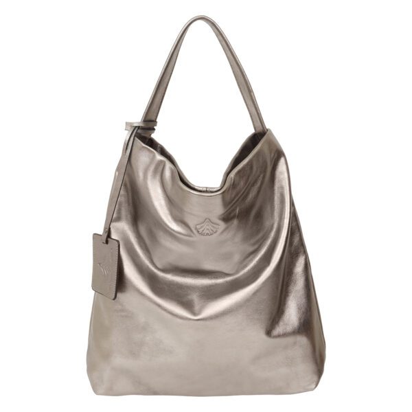 Bolsa Hobo Eclipse de couro macio metalizado (prateado/Gunmetal), compacta, com alça de ombro integrada.