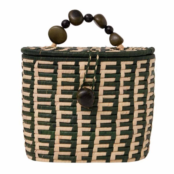 Bucket Bag estruturada, palha Carnaúba em trama bimodal, com alças de sementes Jarina e pedras Olho de Tigre.
