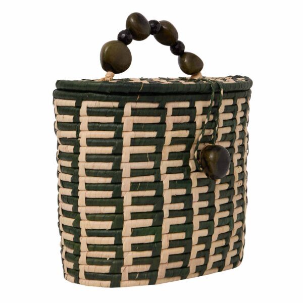 Bucket Bag estruturada, palha Carnaúba em trama bimodal, com alças de sementes Jarina e pedras Olho de Tigre.
