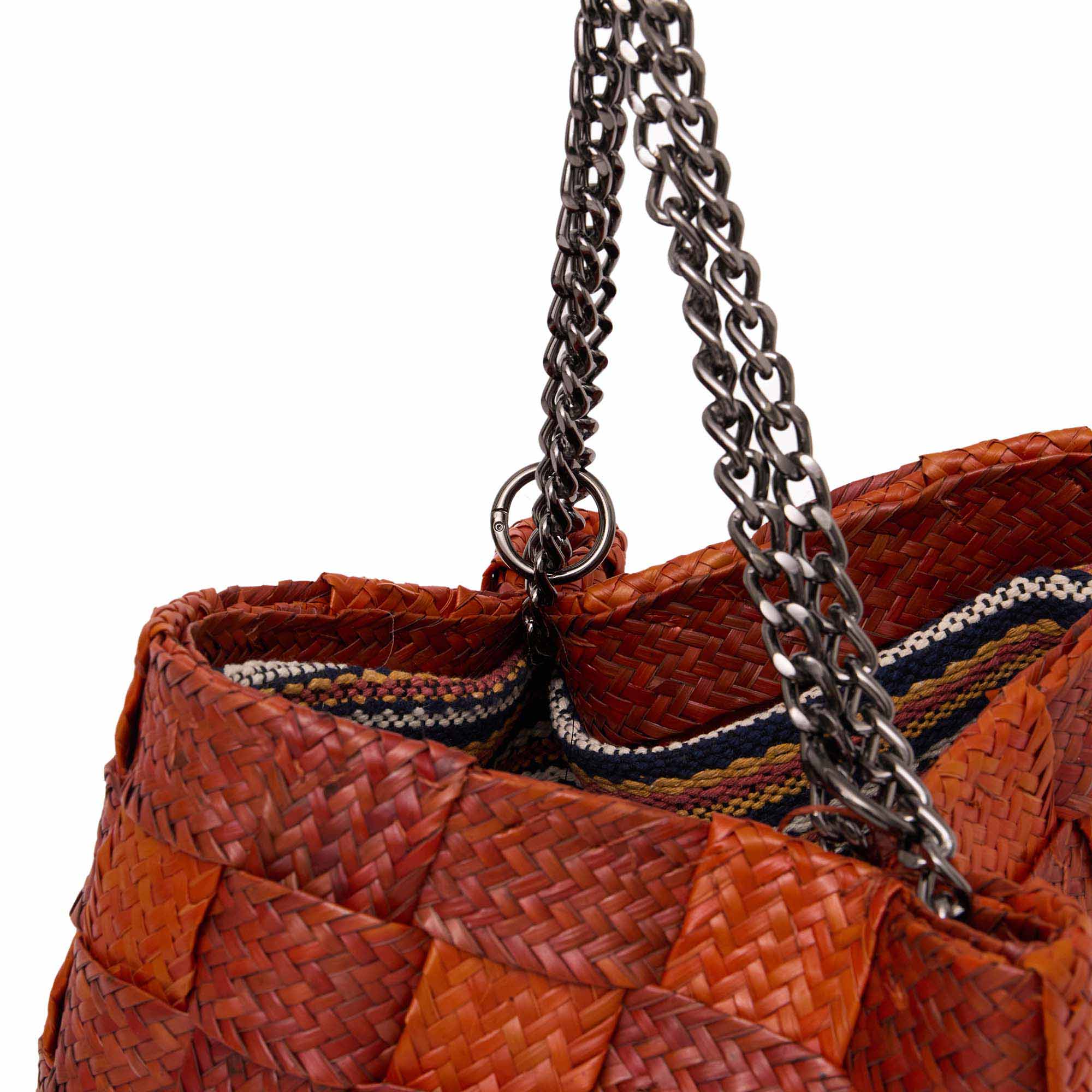 bolsa-tote-bag-leblon-palha-estruturada. Bolsa Leblon de palha trançada, forma estruturada, com alças de corrente de metal ônix.