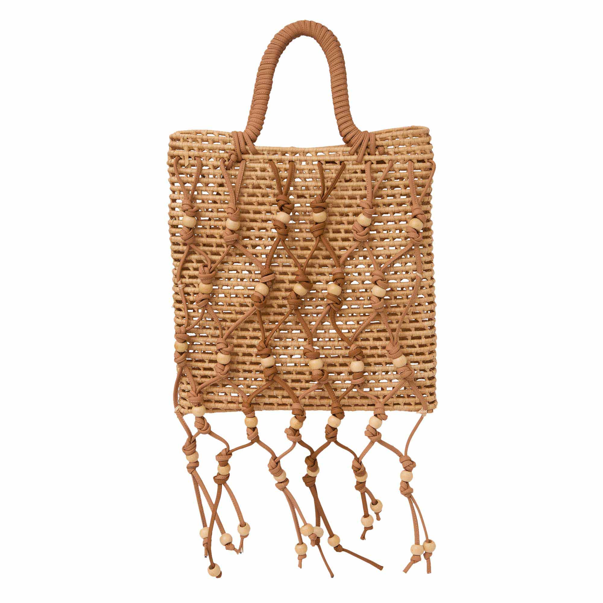 Tote Rede Clutch Arcos de luxo, meia-lua em palha, design surrealista com sobreposição de argolas de madeira.